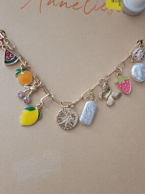 Cute Fruit & Charm Gold Link Necklace - Yellow, Pink, Green